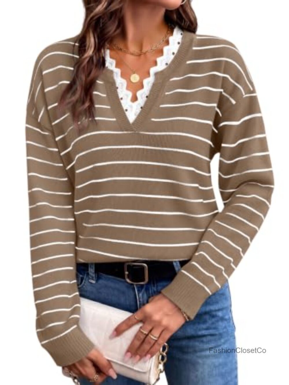 Women's V-Neck Long Sleeve Lace Trim Lightweight Knit Pullover Sweater